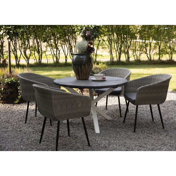 Utegruppe Aster: Scottsdale rundt gr/hvitt spisebord 112 cm inkludert 4 Aster lenestoler i gr syntetisk rotting