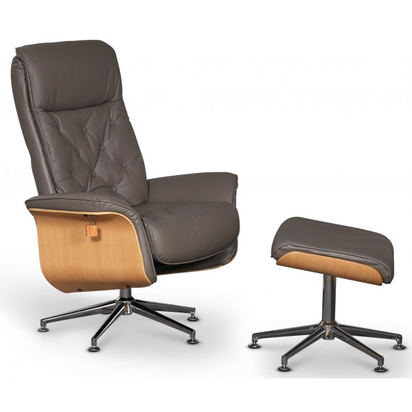 Ulla lenestol med fotskammel - Grått skinn / Eik / Krom Ulla lenestol med fotskammel - Grått skinn / Eik / Krom