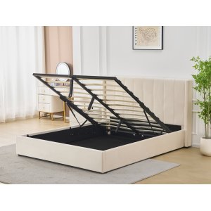 Sengeramme med sengegavl med oppbevaring - 160 x 200 cm beige stoff Sengeramme med sengegavl med oppbevaring - 160 x 200 cm beige stoff