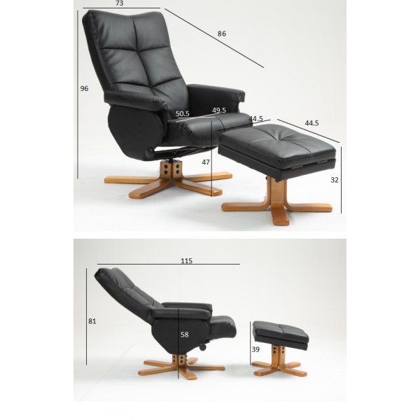 Duva hvilestol med fotskammel i sort PU med brune ben