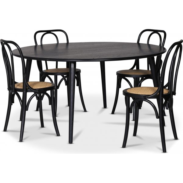 Omni spisegruppe, rundt spisebord 130 cm inkludert 4 stk. svarte Tony stoler - Svartbeiset eik