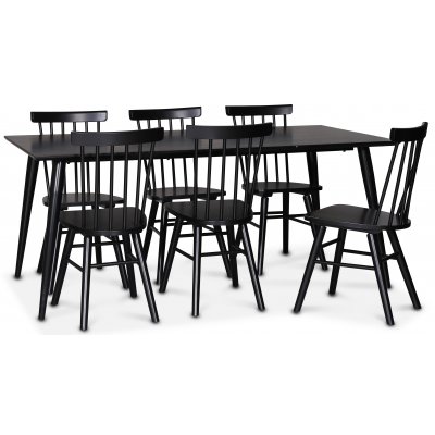 Dipp spisegruppe; spisebord, 180x90 cm med 6 svarte Orust pinnestoler
