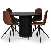 Cobe spisegruppe; rundt spisebord i svartbeiset eik + 4 stk Bridge spisestoler, brun vintage PU Cobe spisegruppe; rundt spisebord i svartbeiset eik + 4 stk Bridge spisestoler, brun vintage PU