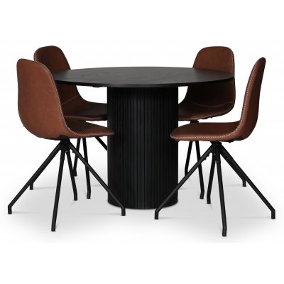 Cobe spisegruppe; rundt spisebord i svartbeiset eik + 4 stk Bridge spisestoler, brun vintage PU