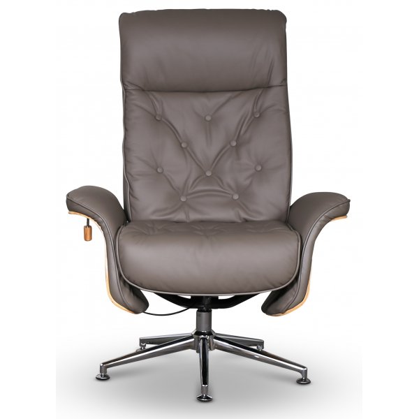 Ulla lenestol med fotskammel - Grått skinn / Eik / Krom Ulla lenestol med fotskammel - Grått skinn / Eik / Krom