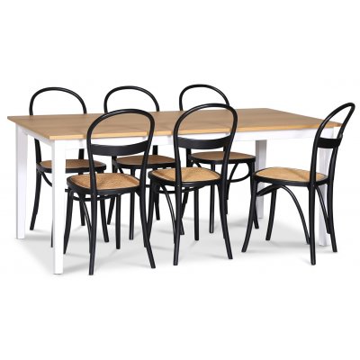 Fårö spisegruppe; spisebord 180x90 cm - Hvit / oljet eik med 6 stk Danderyd No.16 stoler Svart