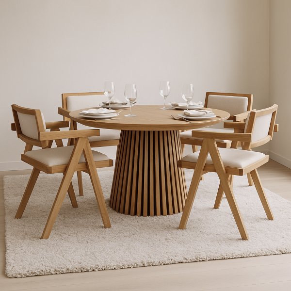 Osaka uttrekkbart spisebord 120-200 cm i eik med 4 Sara lenestoler i eik og lin Osaka uttrekkbart spisebord 120-200 cm i eik med 4 Sara lenestoler i eik og lin