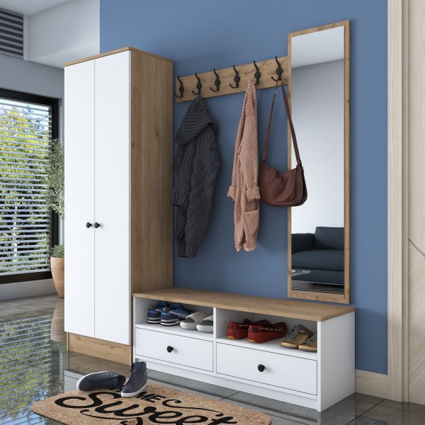 Mendy hallmøbler med speil - Hvit/valnøtt Mendy hallmøbler med speil - Hvit/valnøtt