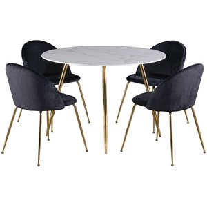Deco spisegruppe 110 cm rundt bord + 4 st Art stoler svart flyel / Messing
