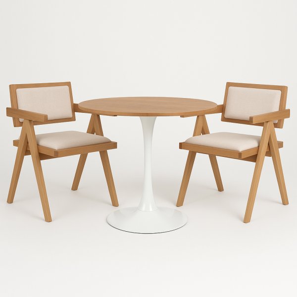 Spisegruppe Sumner Ø80 cm eik/hvit med 2 Sara lenestoler i eik og lin Spisegruppe Sumner Ø80 cm eik/hvit med 2 Sara lenestoler i eik og lin