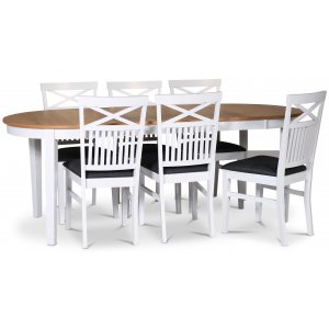 Fr spisegruppe; spisebord 160/210x90 cm - Hvit / oljet eik med 6 skagenstoler med kryss i ryggen, grtt sete