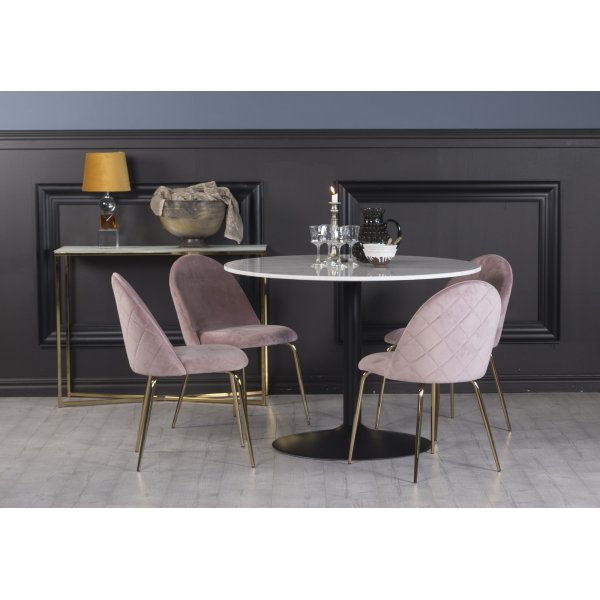 Plaza spisegruppe, marmorbord med 4 st Plaza flyelstoler - Rosa/Messing/Svart