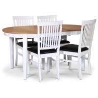 Fårö spisegruppe; spisebord 160/210x90 cm - Hvit / oljet eik med 4 stk Fårö stoler med svart PU-sete Fårö spisegruppe; spisebord 160/210x90 cm - Hvit / oljet eik med 4 stk Fårö stoler med svart PU-sete