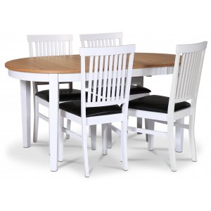 Fr spisegruppe; spisebord 160/210x90 cm - Hvit / oljet eik med 4 stk Fr stoler med svart PU-sete