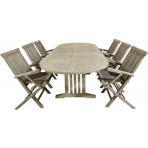 Ovalt Saltö spisebord i teak, med sommerfuglfunksjon. 180-240 cm - Grå teak + Møbelpleiesett for tekstiler Ovalt Saltö spisebord i teak, med sommerfuglfunksjon. 180-240 cm - Grå teak + Møbelpleiesett for tekstiler