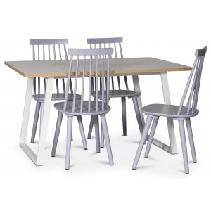 Edge spisegruppe; Spisebord i hvit HPL 140x90 cm med 4 gr Dalsland stokkstoler
