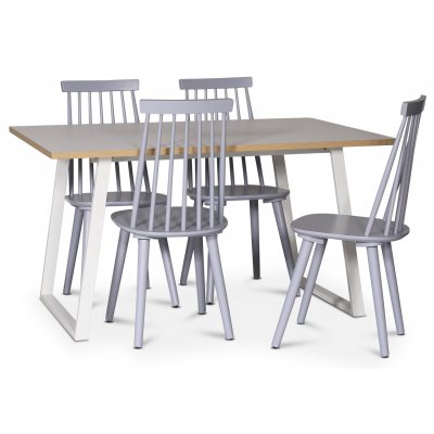 Edge spisegruppe; Spisebord i hvit HPL 140x90 cm med 4 grå Dalsland stokkstoler