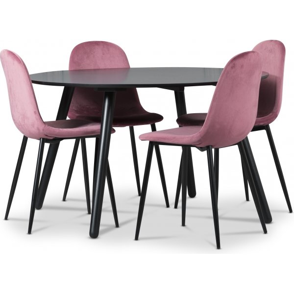 Rosvik spisegruppe, Spisebord med 4 st Carisma flyelsstoler - Rosa/Svart