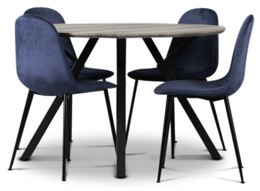 Smokey spisegruppe, rundt spisebord med 4 stk Carisma fløyelsstoler - Blå Smokey spisegruppe, rundt spisebord med 4 stk Carisma fløyelsstoler - Blå