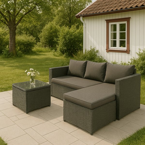 Miami utegruppe sofa med bord - Grå kunstrotting + Møbelføtter Miami utegruppe sofa med bord - Grå kunstrotting + Møbelføtter