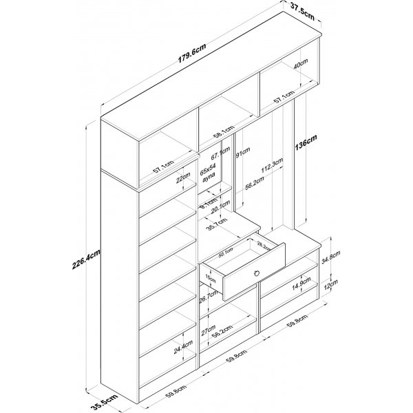 Mendy hallmbel 180 cm med overskap - Hvit/valntt