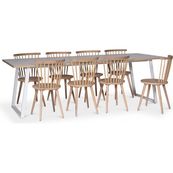 Edge spisegruppe; Spisebord i hvit HPL 240x90 cm med 8 Castor stokkstoler Whitewash