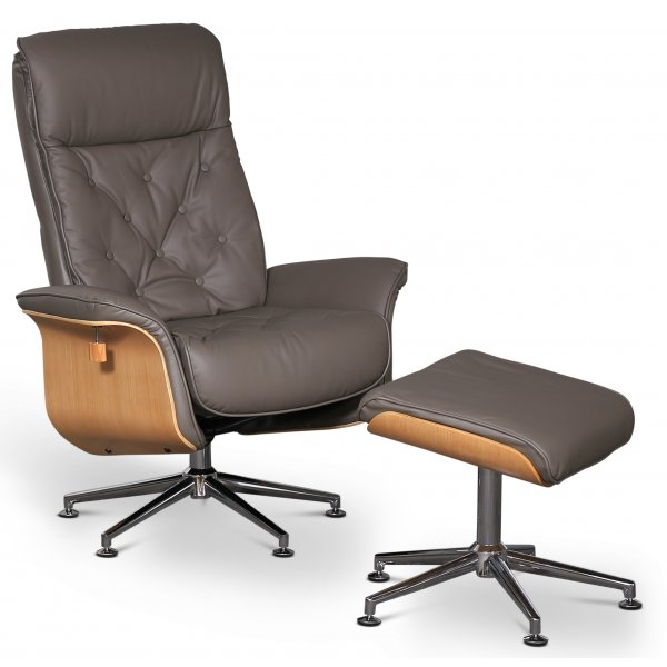 Ulla lenestol med fotskammel - Grått skinn / Eik / Krom Ulla lenestol med fotskammel - Grått skinn / Eik / Krom