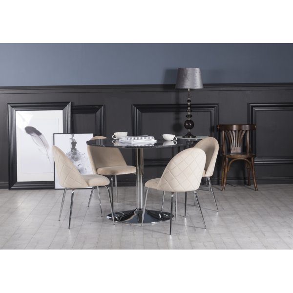 Plaza spisegruppe, marmorbord med 4 st Plaza flyelstoler - Beige/Gr/Krom