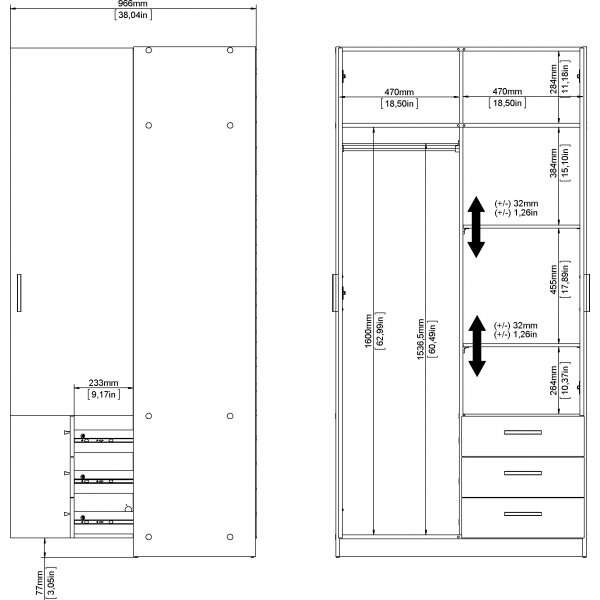 Sprint garderobe med 2 dører og 3 skuffer - Hvit Sprint garderobe med 2 dører og 3 skuffer - Hvit