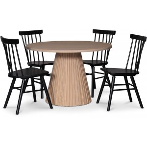 Cleo spisegruppe, rundt bord 110 cm, inkludert 4 stk. svarte Orust pinnestoler - Whitewash/eikefine Cleo spisegruppe, rundt bord 110 cm, inkludert 4 stk. svarte Orust pinnestoler - Whitewash/eikefine