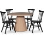 Cleo spisegruppe, rundt bord 110 cm, inkludert 4 stk. svarte Orust pinnestoler - Whitewash/eikefine