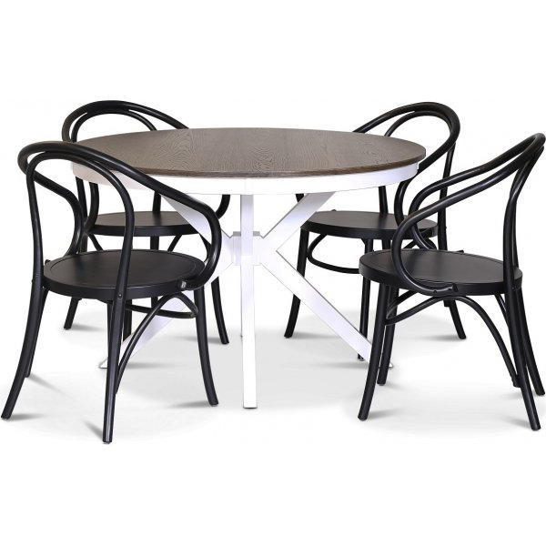 Skagen spisegruppe; rundt spisebord 120 cm - Hvit / brunbeiset eik med 4 stk Danderyd No.30 stoler Svart