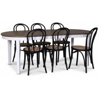 Skagen spisegruppe; spisebord 160/210x90 cm - Hvit / brunoljet eik med 6 stk Danderyd No.18 stoler Svart Skagen spisegruppe; spisebord 160/210x90 cm - Hvit / brunoljet eik med 6 stk Danderyd No.18 stoler Svart
