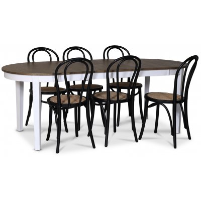 Skagen spisegruppe; spisebord 160/210x90 cm - Hvit / brunoljet eik med 6 stk Danderyd No.18 stoler Svart