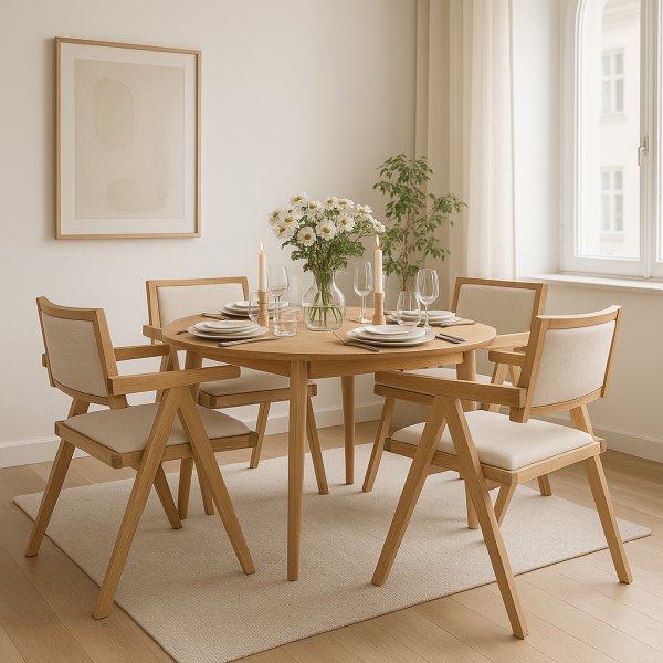 Spisegruppe Genova 110-160 cm i oljet eik med 4 Sara lenestoler i eik og lin