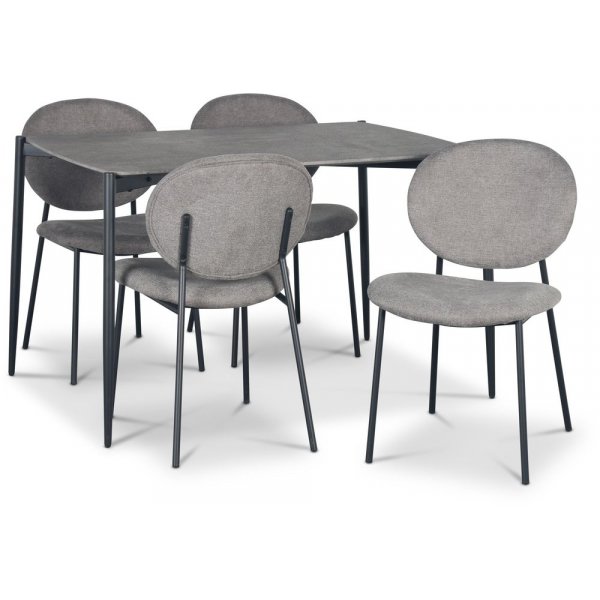 Lokrume spisegruppe med bord p 120 cm i betongimitasjon + 4 stk Tofta gr stoler