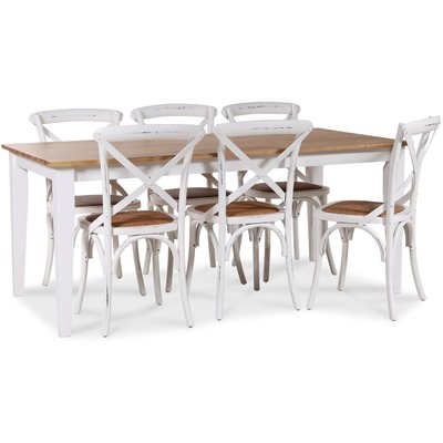Dalarös spisegruppe 180 cm bord hvit/eik + 6 st hvite Gaston spisestoler