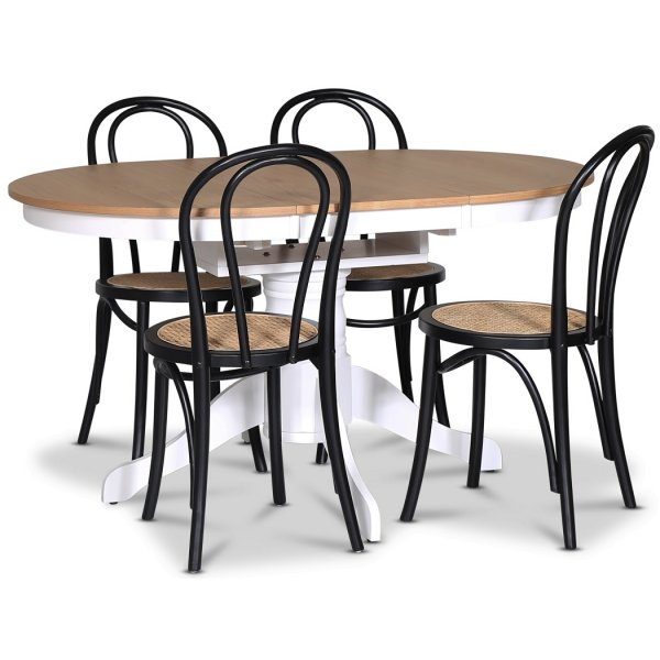 Fitchburg spisegruppe; Ovalt spisebord 106-141 cm - Hvit / Oljet eik med 4 stk Danderyd No.18 spisestoler Svart