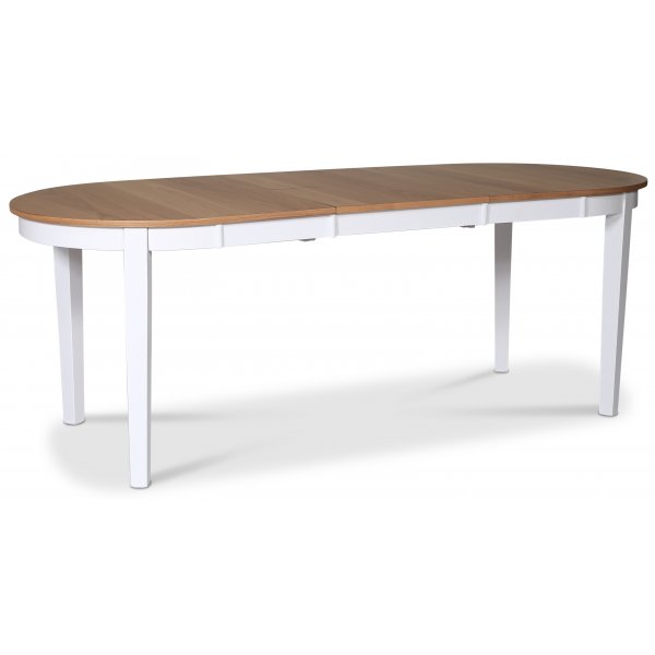Fårö spisegruppe; spisebord 160/210x90 cm - Hvit / oljet eik med 6 skagenstoler med kryss i ryggen, grått sete Fårö spisegruppe; spisebord 160/210x90 cm - Hvit / oljet eik med 6 skagenstoler med kryss i ryggen, grått sete