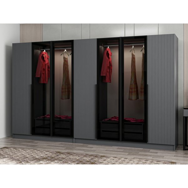 Cikani garderobe med speildrer, 315x52x210 cm - Antrasitt