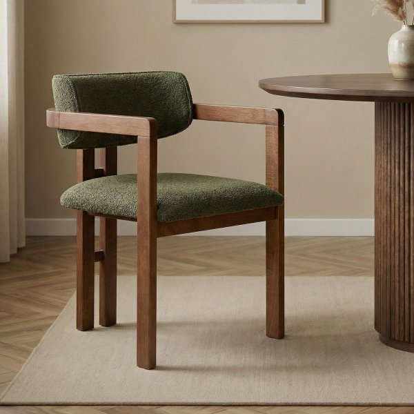 Lenestol Torpin i grønn chenille og valnøtt Lenestol Torpin i grønn chenille og valnøtt
