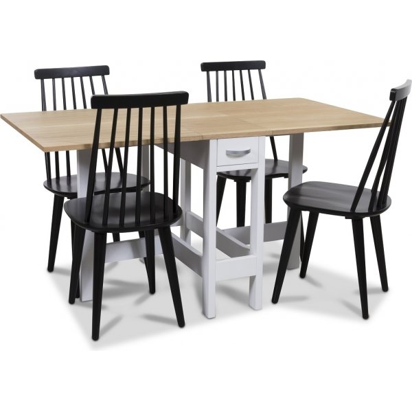 Signum spisegruppe Slagbord hvit/eik med 4 sorte Dalsland stokkstoler + 3.00 x Mbelftter