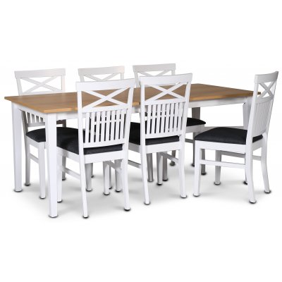 Fr spisegruppe; spisebord 180x90 cm - Hvit / oljet eik med 6 Fr spisestoler med kryss i ryggen, sete i grtt stoff