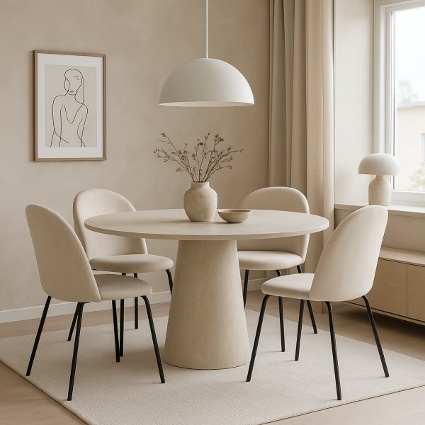 Spisegruppe Lanzo 120 cm med 4 Astrid-stoler i beige flyel