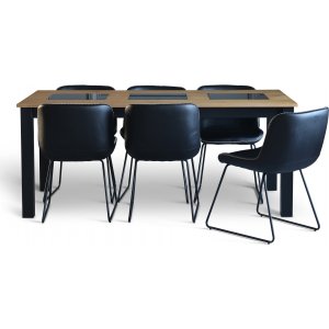 Granitt spisegruppe; Bord 180x90 cm Eik/Sort med 6 Texas spisestuestoler Sort PU Granitt spisegruppe; Bord 180x90 cm Eik/Sort med 6 Texas spisestuestoler Sort PU