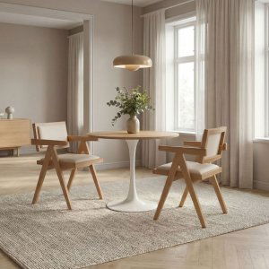 Spisegruppe Sumner Ø80 cm eik/hvit med 2 Sara lenestoler i eik og lin Spisegruppe Sumner Ø80 cm eik/hvit med 2 Sara lenestoler i eik og lin