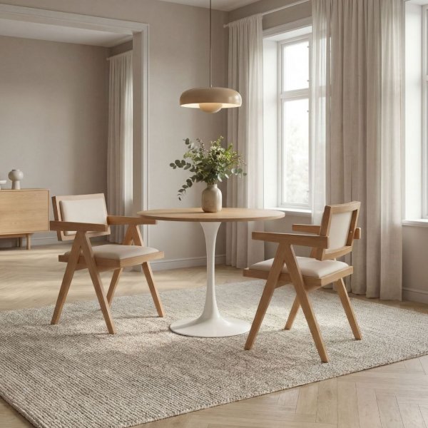 Spisegruppe Sumner Ø80 cm eik/hvit med 2 Sara lenestoler i eik og lin Spisegruppe Sumner Ø80 cm eik/hvit med 2 Sara lenestoler i eik og lin