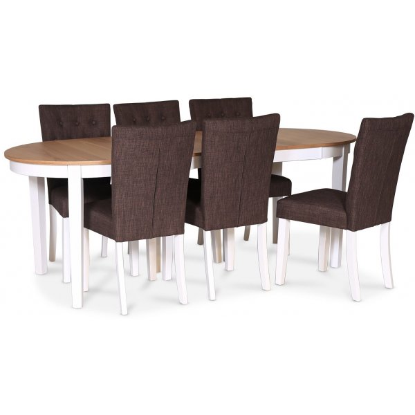 Fr spisegruppe 160/210x90 inkl. 6 stk. Crocket brune spisestoler - Hvit/Eik