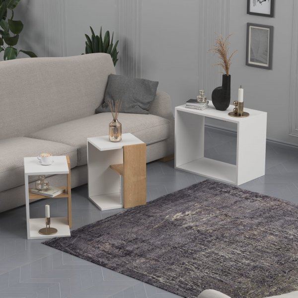 Bizayni spillebord 62x34 | 27x32 | 27x32 cm - Hvit/eik