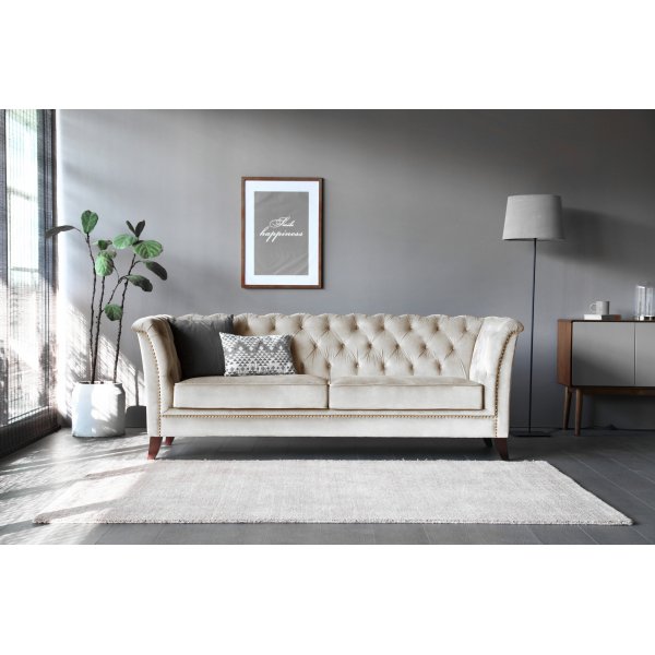 Milton Chesterfield 3-seter sofa - Beige flyel + Tekstilrens for mbler